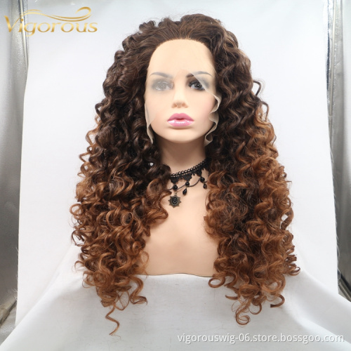 Long afro kinky curly ombre cheap wholesale high quality heat resistant synthetic wig with lace front